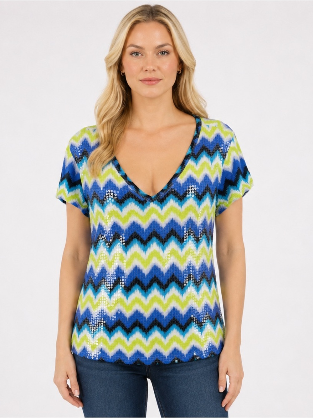 INC International Concepts Chevron Pattern Sequin Front Deep V Blouse Size Large